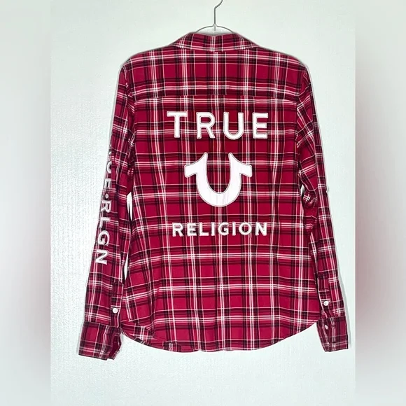 True Religion The Patched Shirt in  Red, black and white Logo long sleeve Sz XL - Picture 3 of 6